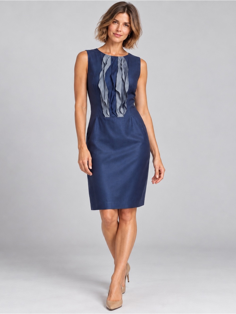 Piazza Sempione Blue 100% Silk Ruffle Sleeveless Sheath Dress Approx US 8 10